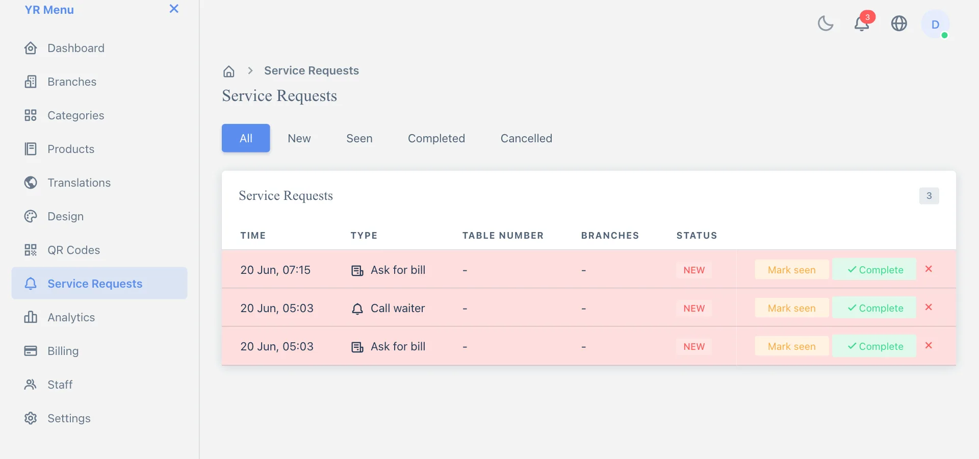 Waiter call and bill requests, without an app